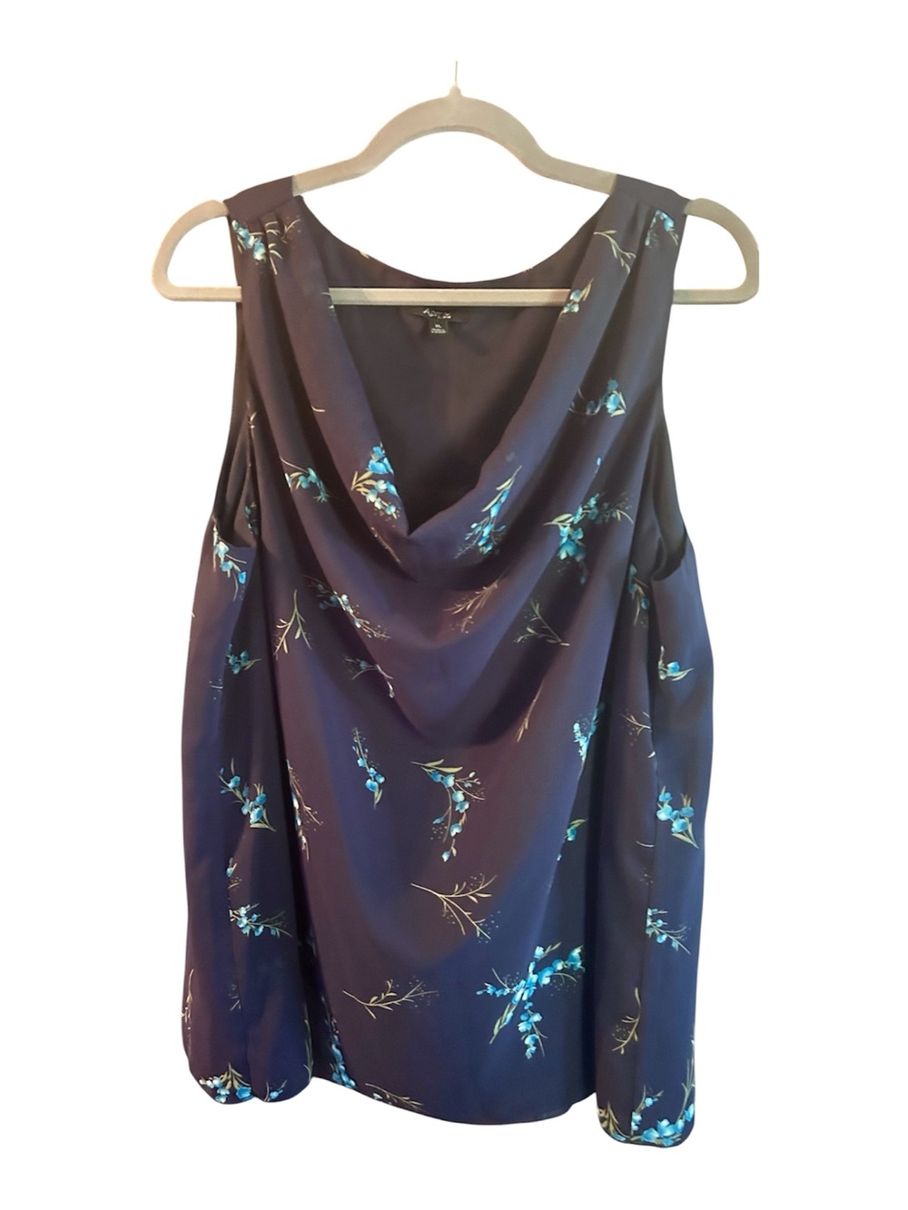 Sleeveless Navy Floral Cowl Neck Dress